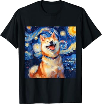 Cute Shiba Inu Dog Starry Night Vincent Van Gogh Painting T-Shirt for Men Women Kids