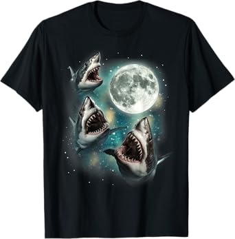 Three Shark Moon | 3 Great Whites Howling Wolfs Moon Parody T-Shirt