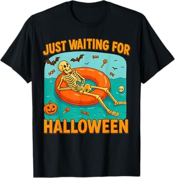 Just Waiting for Halloween Funny Skeleton Floating on Float T-Shirt