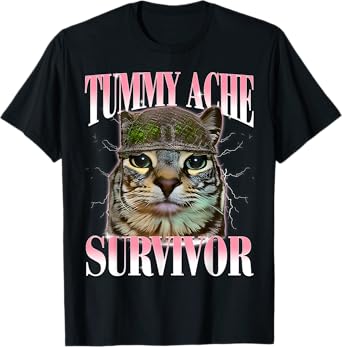 Tummy Ache Survivor Cat Meme Funny Saying Cats Animals Men Women Kids T-Shirt
