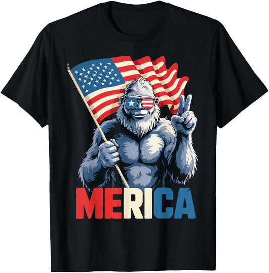 Bigfoot Merica American Flag Patriotic 4th Of July T-shirt