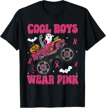 Cool Boys Wear Pink Monster Truck Halloween Breast Cancer T-Shirt