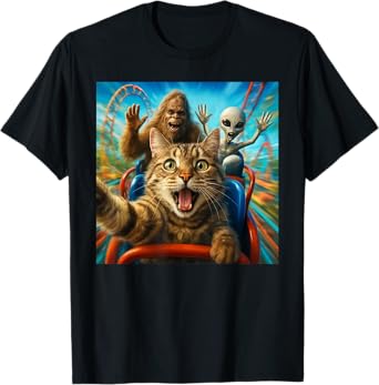 Funny Cat Selfie with Big Foot & Alien Roller Coaster Meme T-Shirt