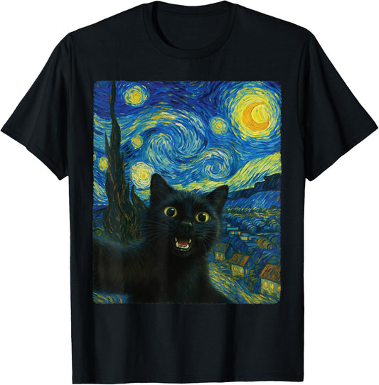 Black Cat Starry Night Van Gogh Cat Selfie Cat Mom Cat Lover T-Shirt