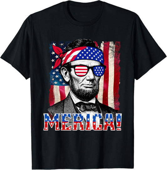 Merica Lincoln 4th Of July Abe Boys Men Women American Flag T-Shirt