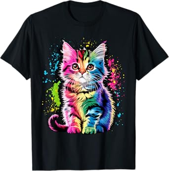 Colorful Cute Funny Rainbow Kitten Rave Psychedelic Cat T-Shirt for Men Women Kids