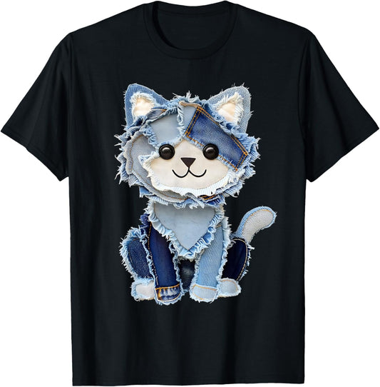 Denim Patch Cat with Stars Cute Blue Cat Gift T-Shirt