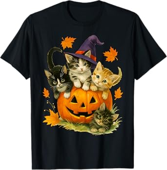 Cute Cat Pumpkin Halloween Spooky Season Vintage Men Women Kids T-Shirt
