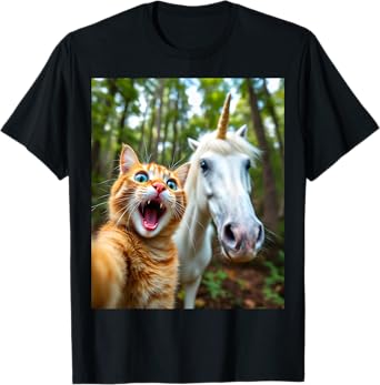 Surprised Ginger Cat Selfie with Unicorn Fun Cat Lover Gift Men Women Kids T-Shirt