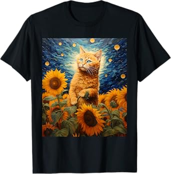 Cat Starry Night Van Gogh Sunflower Cat Meme Cat Mom Cat Dad T-Shirt for Men Women Kids
