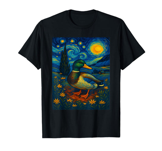 Starry Night Mallard Duck Van Gogh Style Hunting Farmer Farm T-Shirt