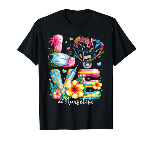 Love Summer Nurse Life Stethoscope Tropical Flowers Hawaii T-Shirt