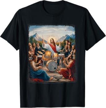 Jesus Playing Drums Funny Christian Drummer Painting T-Shirt