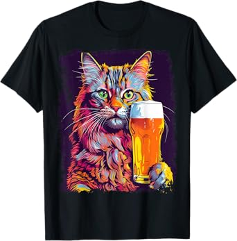 Noah&Friends Cat Drinking Beer Unisex-Adults Black Small Classic Fit U-Neck T-Shirt