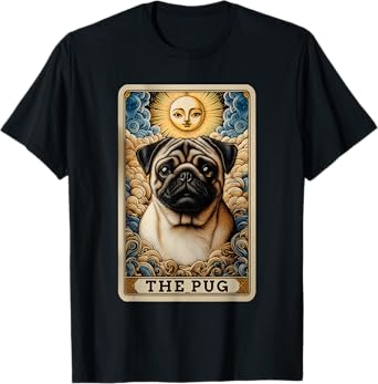 The Pug Tarot Card Dog Pug Dogs Unisex-Adult T-Shirt, Black, Small, Short Sleeve, Cartoon Dog Theme, Casual, Playful