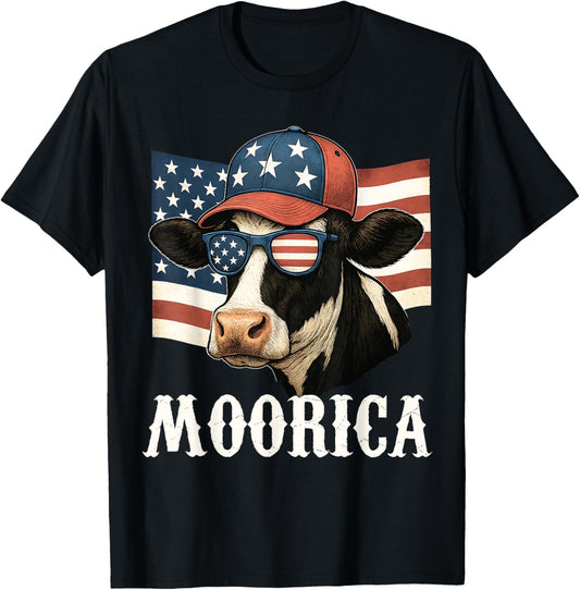 Funny Moorica 4th Of July Patriotic Cow Usa Flag Farmer T-shirt