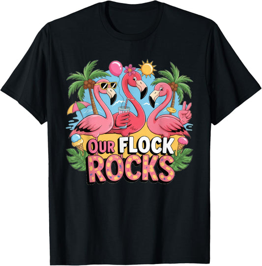 Our Flock Rocks Flamingo Summer Vacation Family Matching Shirts Tee by TeeBrew