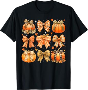 Pumpkin Season Thanksgiving Coquette Bow Autumn Fall Leaves T-Shirt