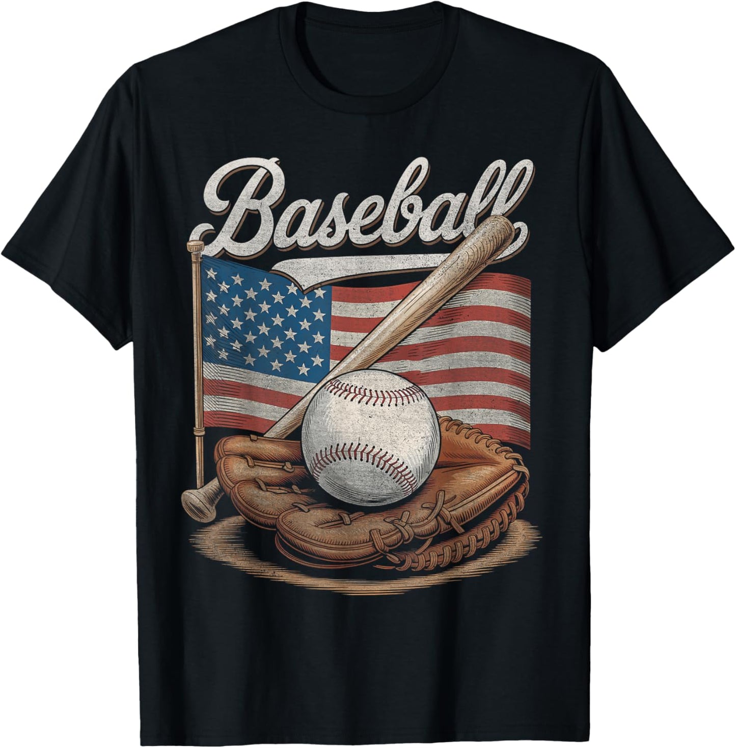 American Flag Baseball Player Bat Glove Fan Catcher Pitcher T-Shirt