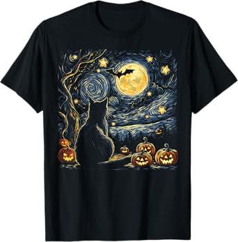 Halloween Van Gogh Starry Night Painting Black Cat Kitten T-Shirt for Men Women Kids