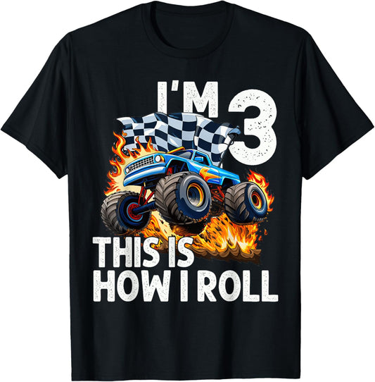 3rd Birthday Boys I'm 3 This Is How I Roll Monster Truck Car Tee by TeeBrew