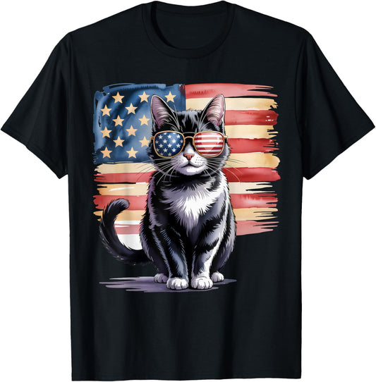 American Flag Black Cat Usa 4th Of July Cat Lover Men Women T-shirt