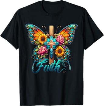 Faith Cross Sunflower Butterflies Flowers Christians Vintage T-Shirt