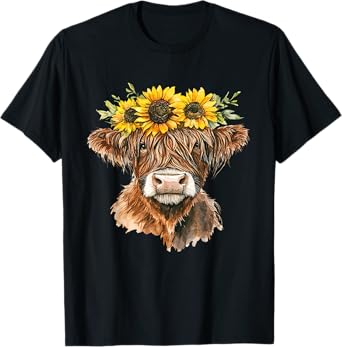 Cute Highland Cow With Sunflowers Floral Scottish Farm T-Shirt