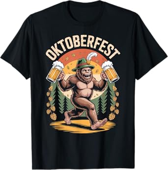 Funny Oktoberfest Bigfoot with Beers Sasquatch Retro Cryptid T-Shirt
