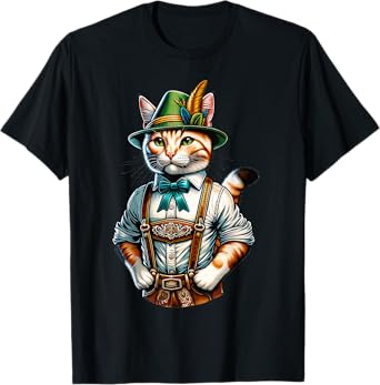 Oktoberfest Cat Funny German Bavarian Lederhosen Cat Lover T-Shirt