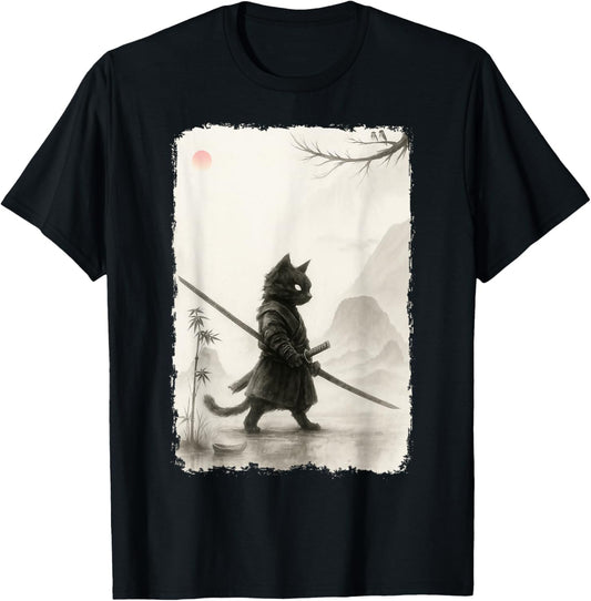 Vintage Samurai Cat Bushido Japanese Ukiyo Graphic Art T-shirt
