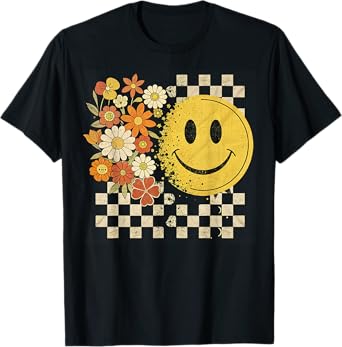 Cute Smile Face Flower Happy Face Flowers Checkered Girls T-Shirt