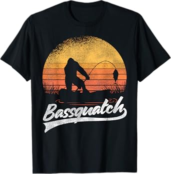 Bigfoot Fishing Retro Sunset Bigfoot Believer Bassquatch T-Shirt