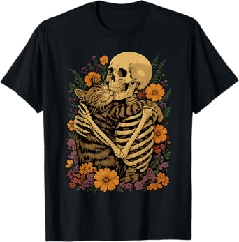Skeleton Hugging Cat Floral Halloween Cats Lover T-Shirt