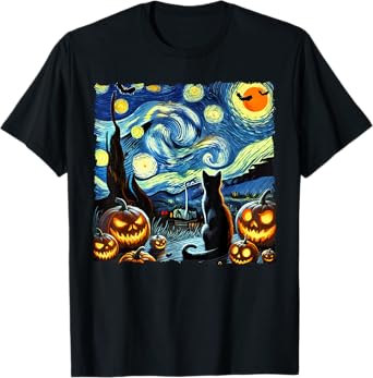 Halloween Van Gogh Starry Night Black Cat Men Women Kids T-Shirt
