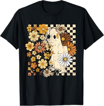 Boho Floral Fall Ghost Thanksgiving Autumn Vibes Halloween T-Shirt