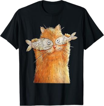 Vintage Cute Funny Cat With 2 Fishes On Eyes Lover Whimsical Men Women T-Shirt