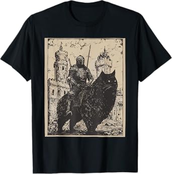 Knight Cat Rider Vintage 90s Medieval Knight Riding Cat T-Shirt