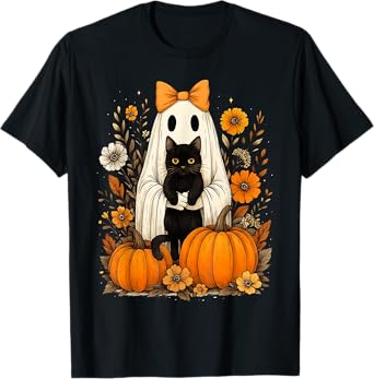 Vintage Halloween Ghost Holding Black Cat Groovy Floral T-Shirt