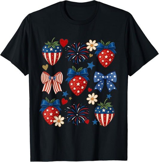 4th Of July Bows Strawberry Fireworks Usa Flag Coquette Girl T-shirt