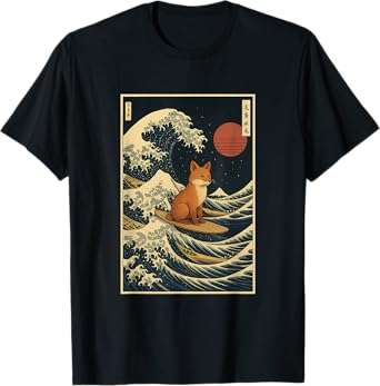 Fox Riding the Great Wave Japanese Kanagawa Art T-Shirt
