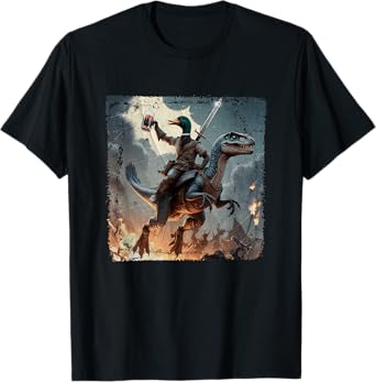 Epic Duck Riding Dinosaur with Sword Beer Fantasy Battle T-Shirt