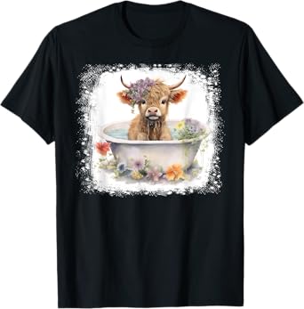 Baby Highland Cow In Bathtub Floral Flowers Women Girls T-Shirt