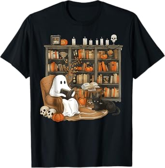 Retro Ghost Reading Books cat, Librarian Ghost Halloween T-Shirt