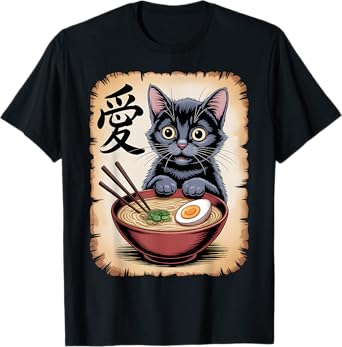 Japanese Kawaii Anime Cat Funny Cat Eating Ramen T-Shirt