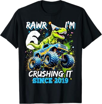 6th Birthday Monster Truck Dinosaur Party Boys Rawr I'm 6 T-Shirt