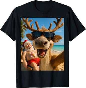 Funny Reindeer Beach Selfie - Christmas in July T-Shirt