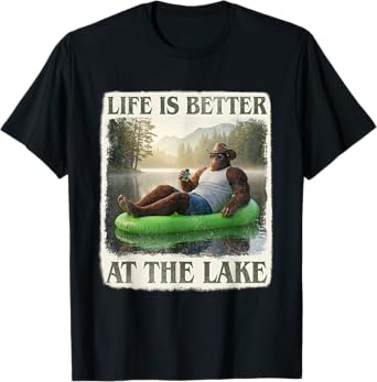 Life Is Better At The Lake Funny Bigfoot Drinking Lake Life T-Shirt