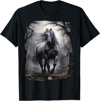 Beautiful black Horse running through the forest by night T-Shirt