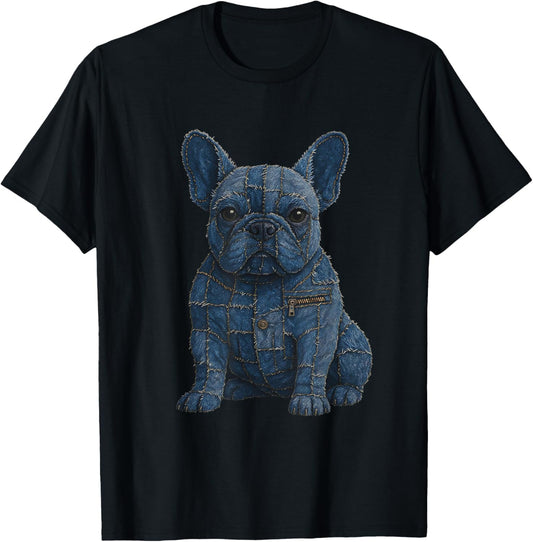 Dog Pattern Denim Patchwork French Bulldog Tee T-Shirt